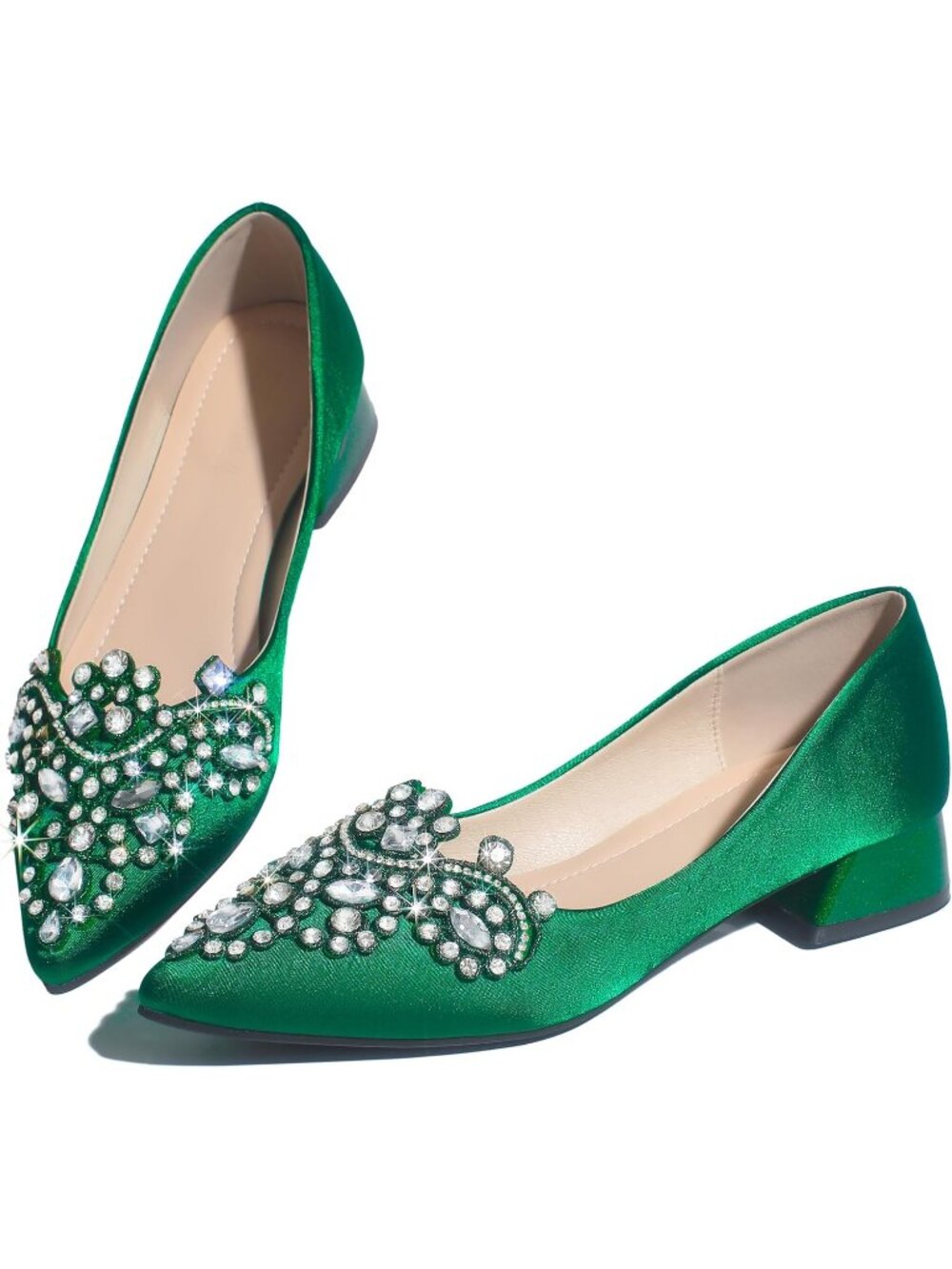 👑Womens green Rhinestone Fashion Pointed Toe Pearl Diamond Low Heel Dress shoes